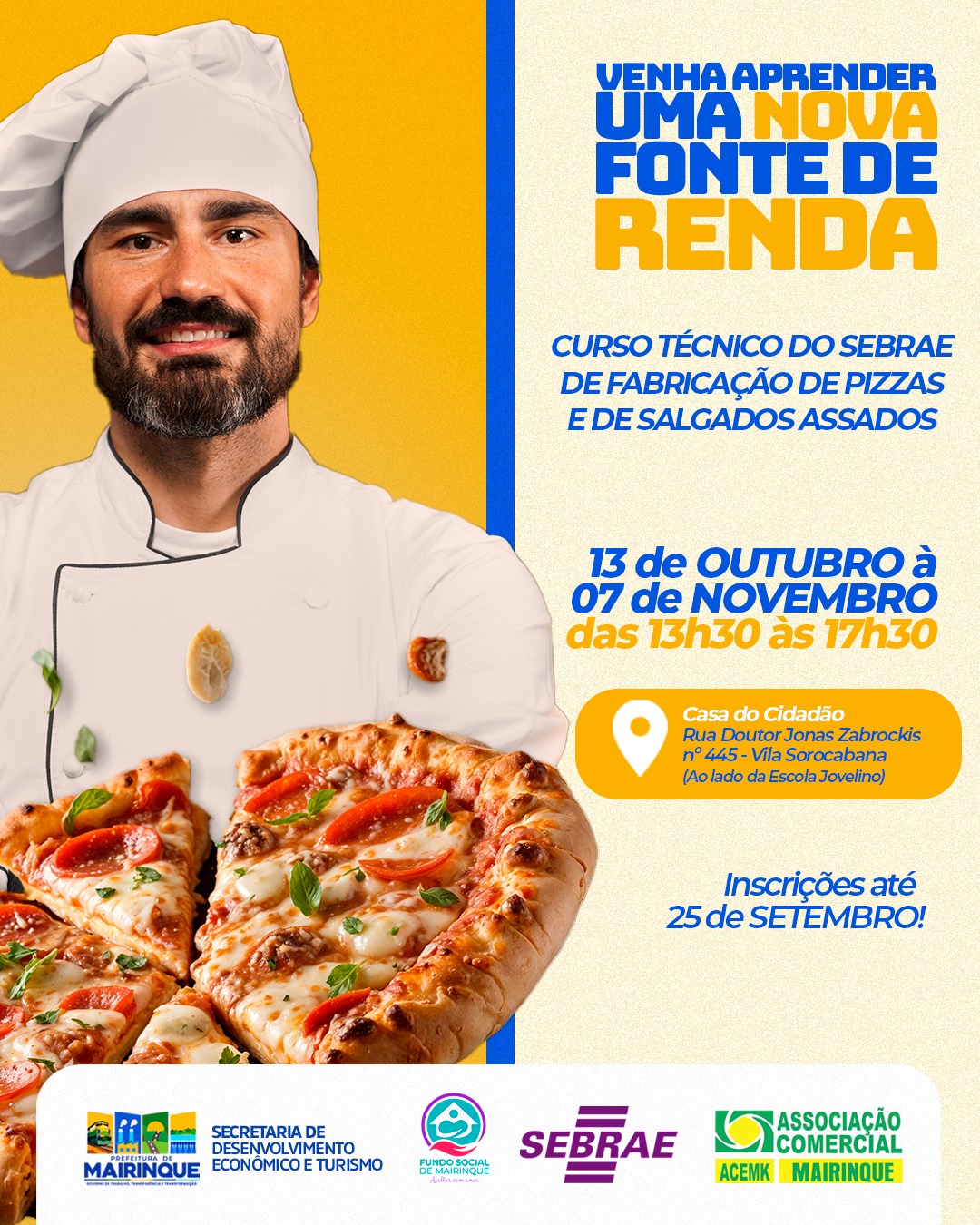 Prefeitura de Mairinque abre inscrições para curso gratuito de fabricação e venda de pizzas e salgados assados