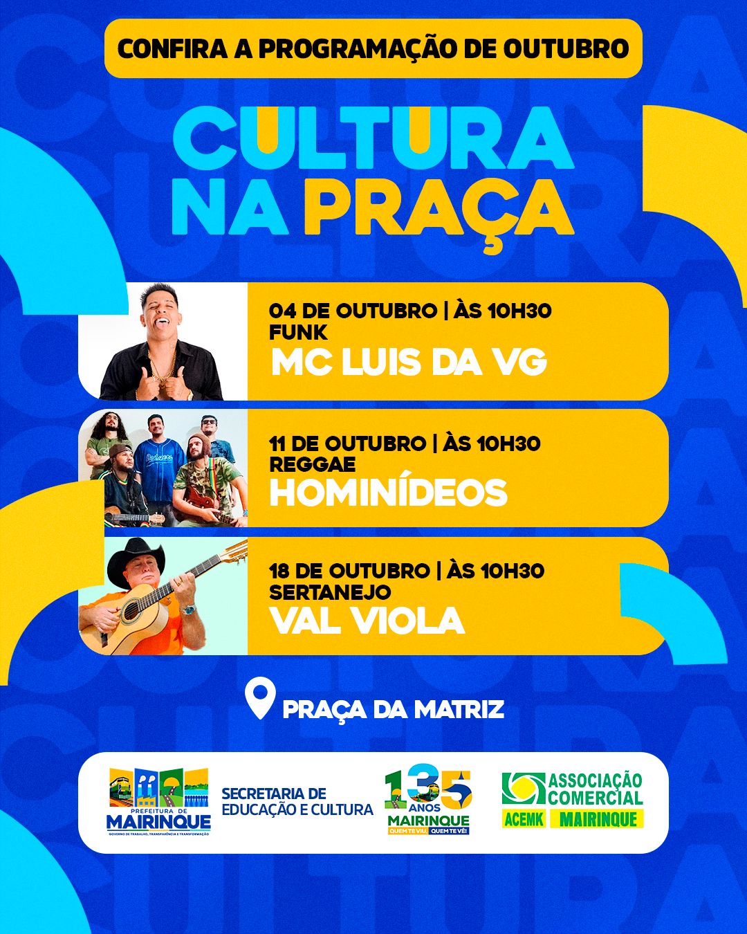 Cultura na Praça leva música e diversão na programação dos 135 anos de Mairinque