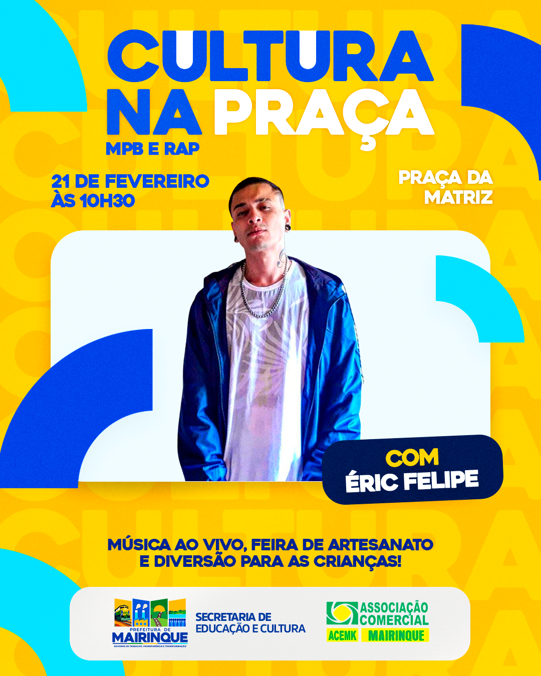 Cultura na Praça acontece neste sábado com MPB, rap e lazer para toda a família em Mairinque