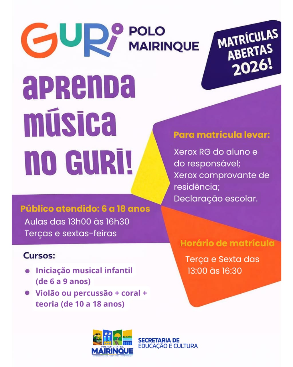 Projeto GURI abre matriculas para aula gratuitas de música em Mairinque