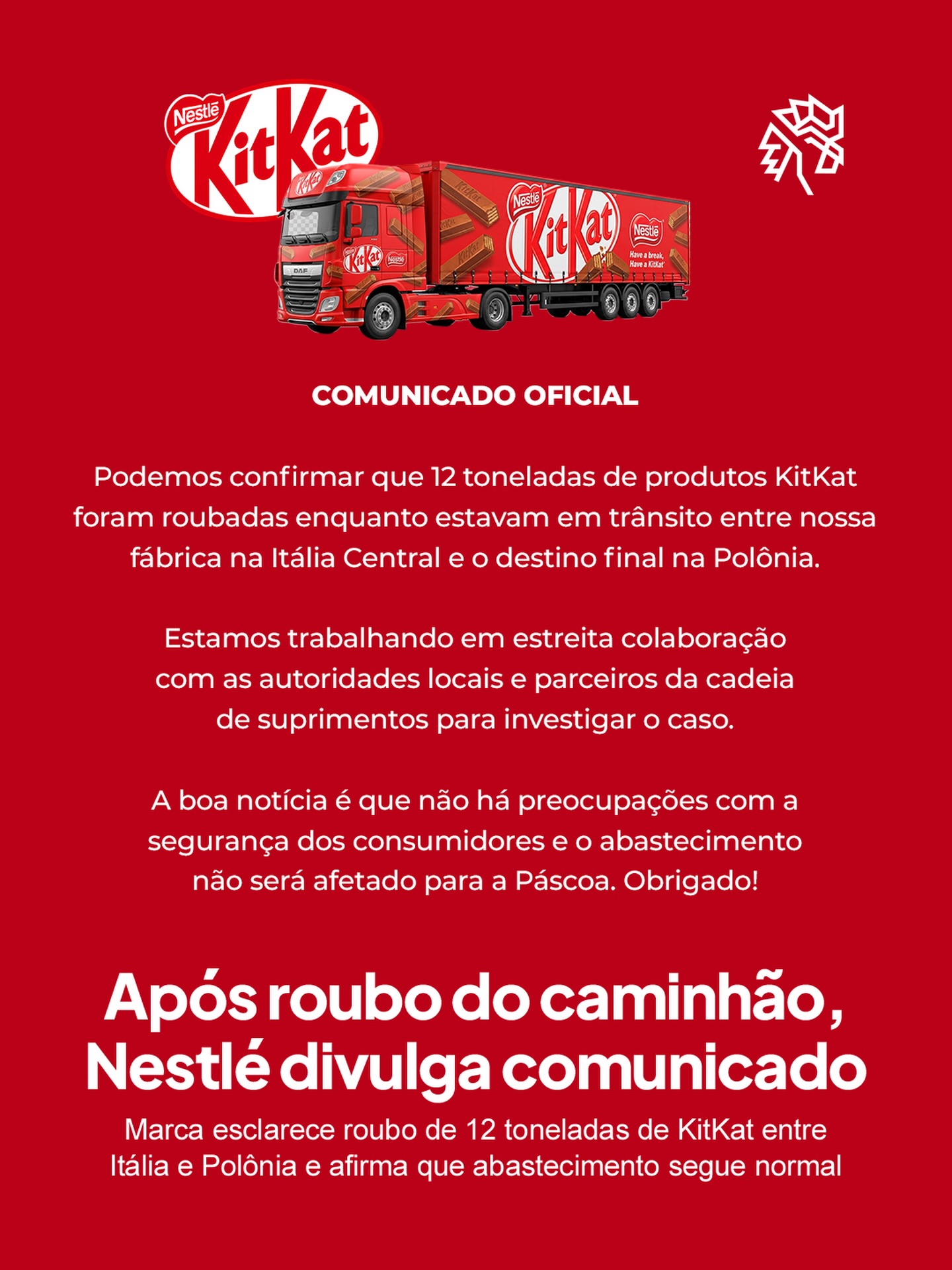 Carregamento com mais de 12 toneladas de KitKat foi roubado enquanto seguia entre Itália e Polônia neste final de semana