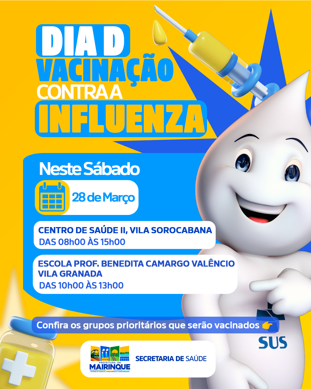 Mairinque realiza Dia D de Vacinação contra a Influenza no dia 28 de março