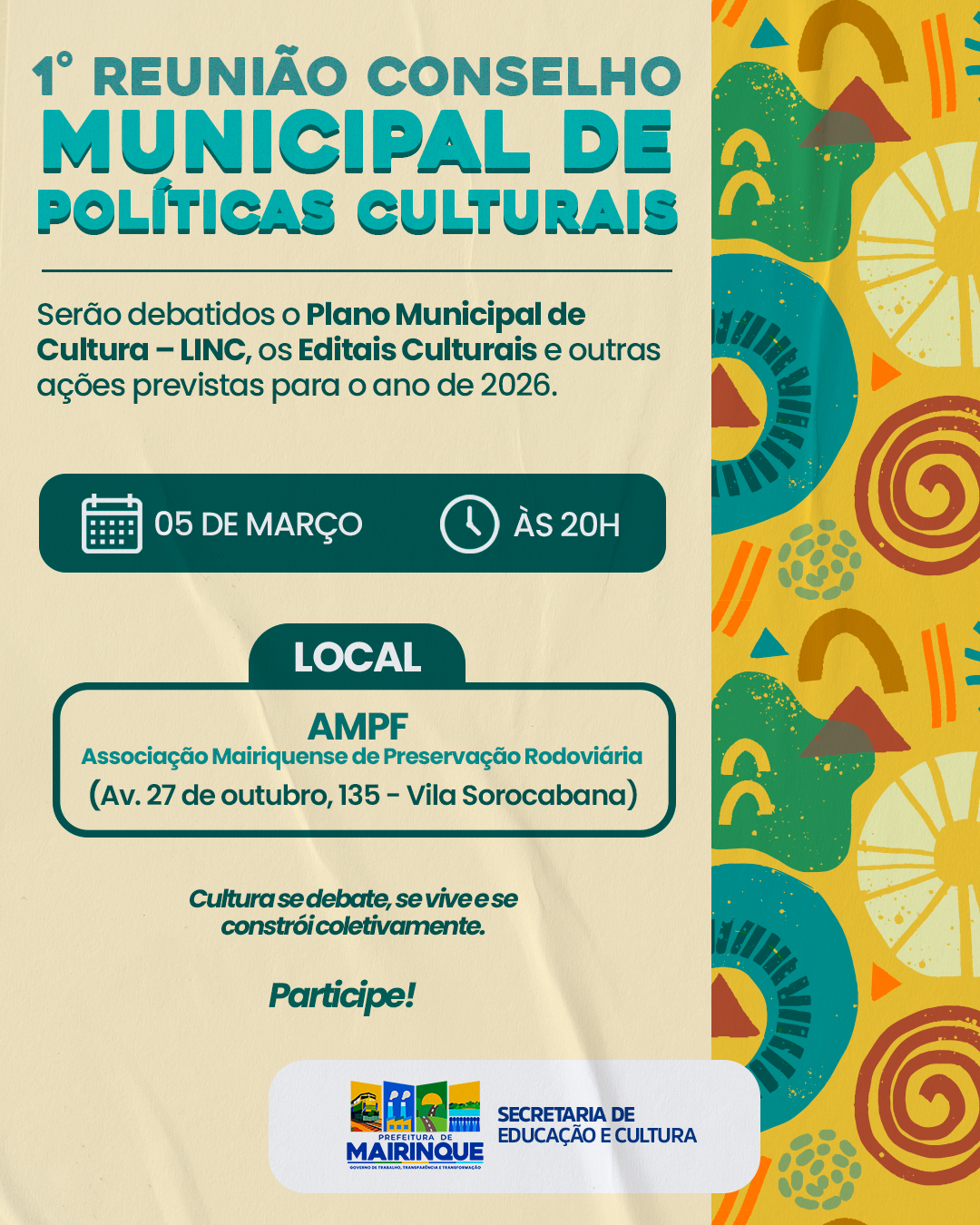 Conselho Municipal de Políticas Culturais realizará primeira reunião de 2026 em Mairinque