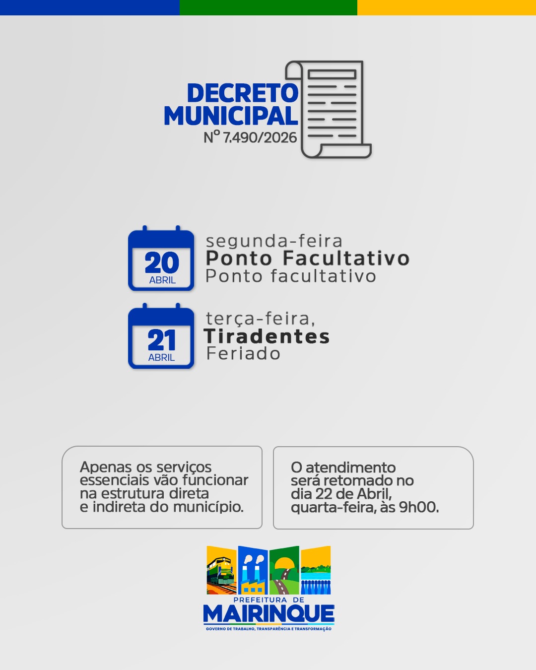 Decreto municipal estabelece ponto facultativo no dia 20 de abril e feriado em 21 de abril