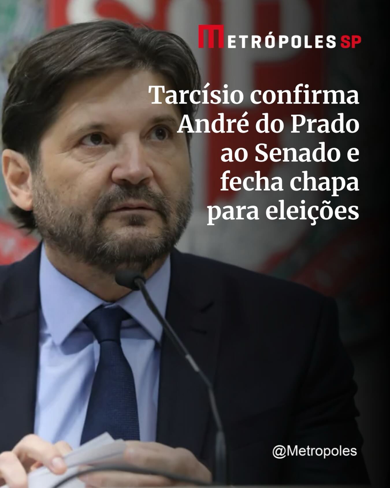 O governador de São Paulo, Tarcísio de Freitas (Republicanos), anunciou nesta terça-feira (5/5) o presidente da Assembleia Legislativa, André do Prado, como o candidato do PL ao Senado pelo estado