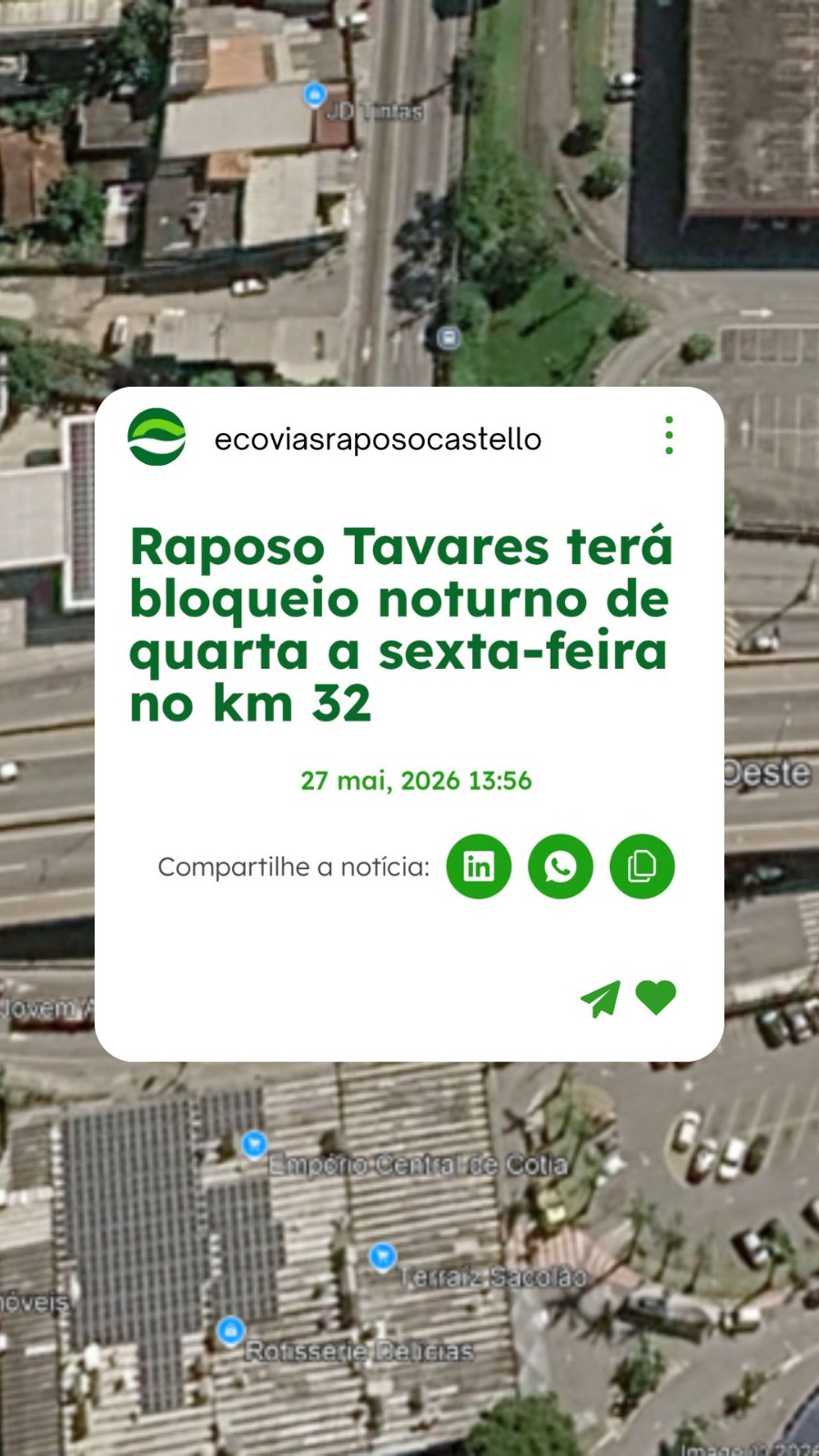 aposo terá bloqueio noturno no viaduto do km 32 até sexta (29)