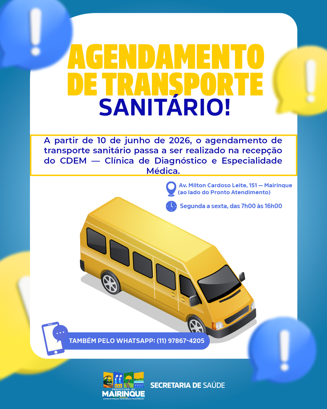 Agendamento do Transporte Sanitário passa a ser realizado no CDEM a partir de 10 de junho