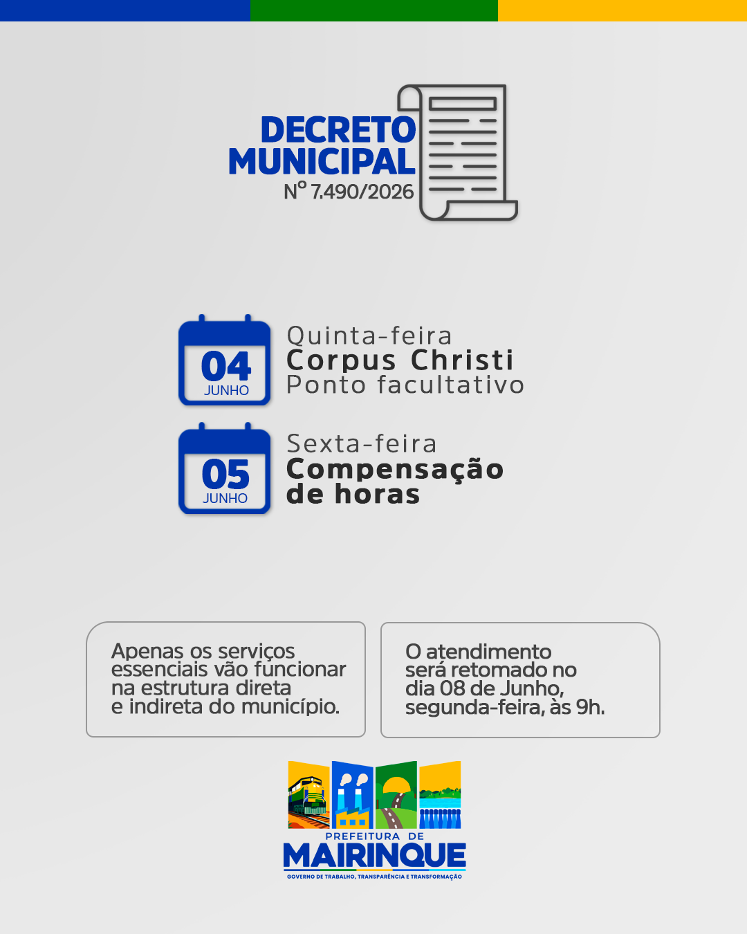 Prefeitura De Mairinque divulga decreto de ponto facultativo durante Corpus Christi