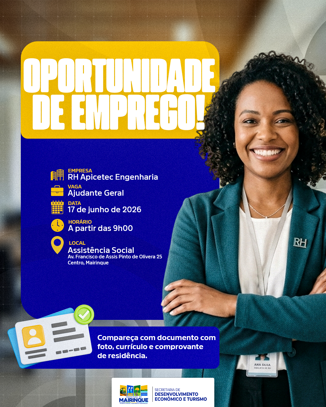 Prefeitura de Mairinque promove oportunidade de emprego para Ajudante Geral