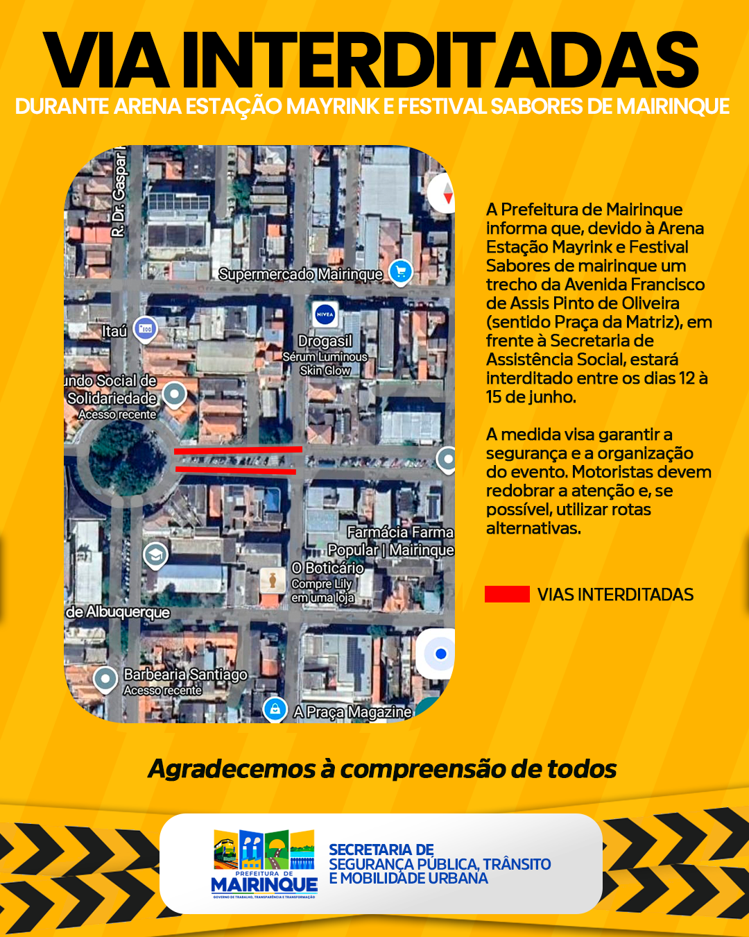 Prefeitura informa interdição temporária de via durante o Arena Estação Mairink e Festival Sabores de Mairinque