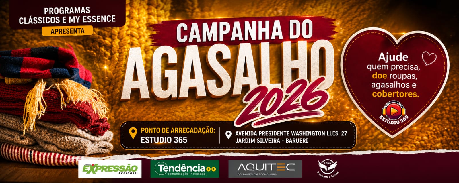 Estúdio 365 promove mais uma edição da Campanha do Agasalho 2026 e reforça corrente de solidariedade