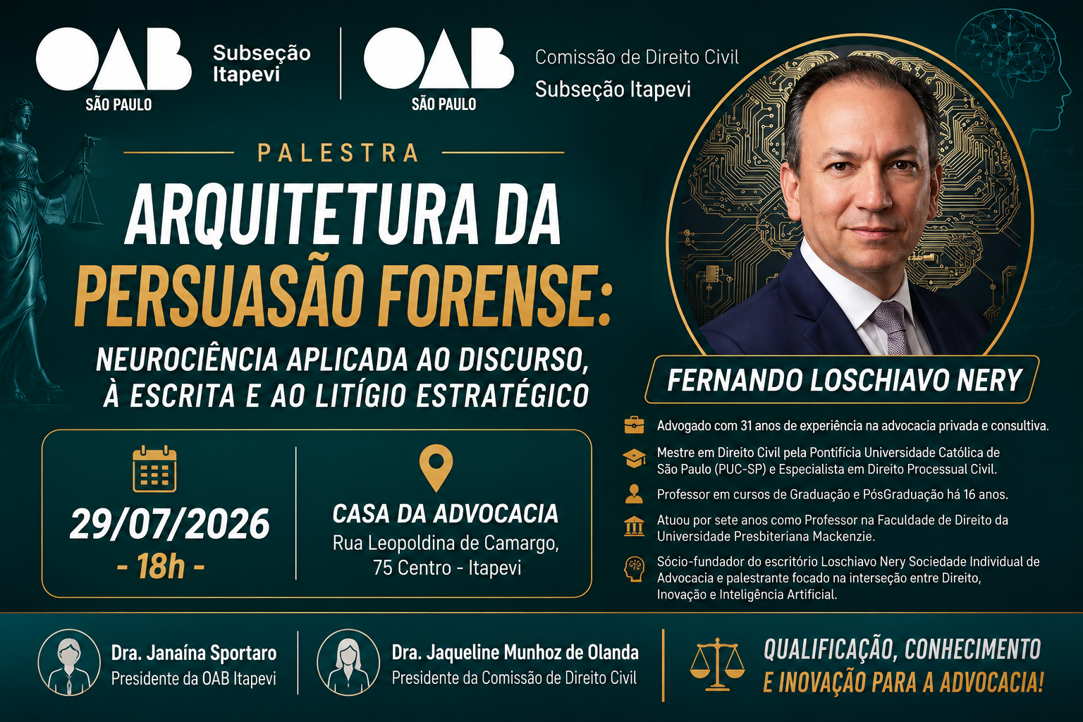 OAB Itapevi promove palestra sobre Neurociência aplicada ao Direito e Litígio Estratégico