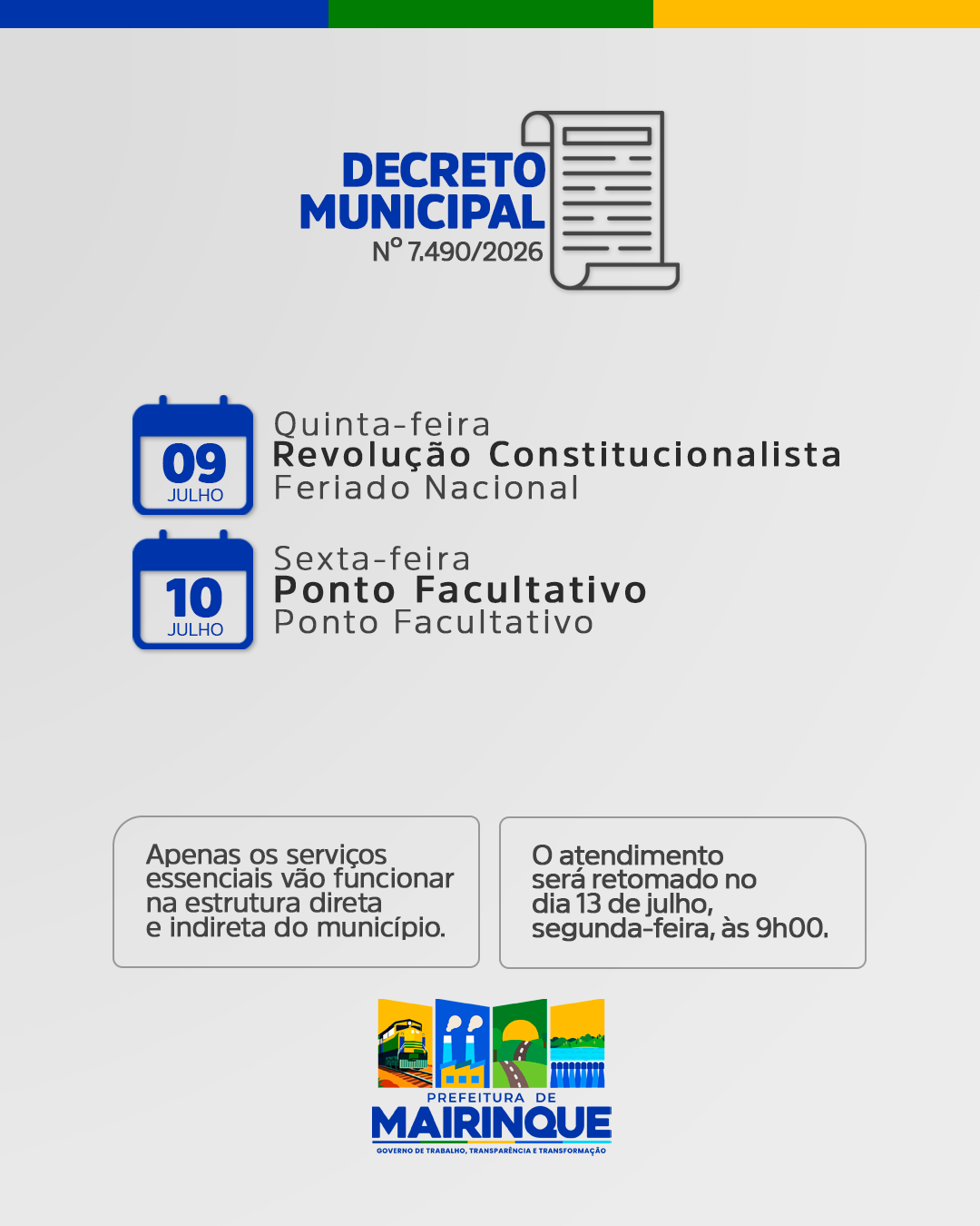 Prefeitura de Mairinque divulga decreto com feriado e ponto facultativo nos dias 9 e 10 de julho