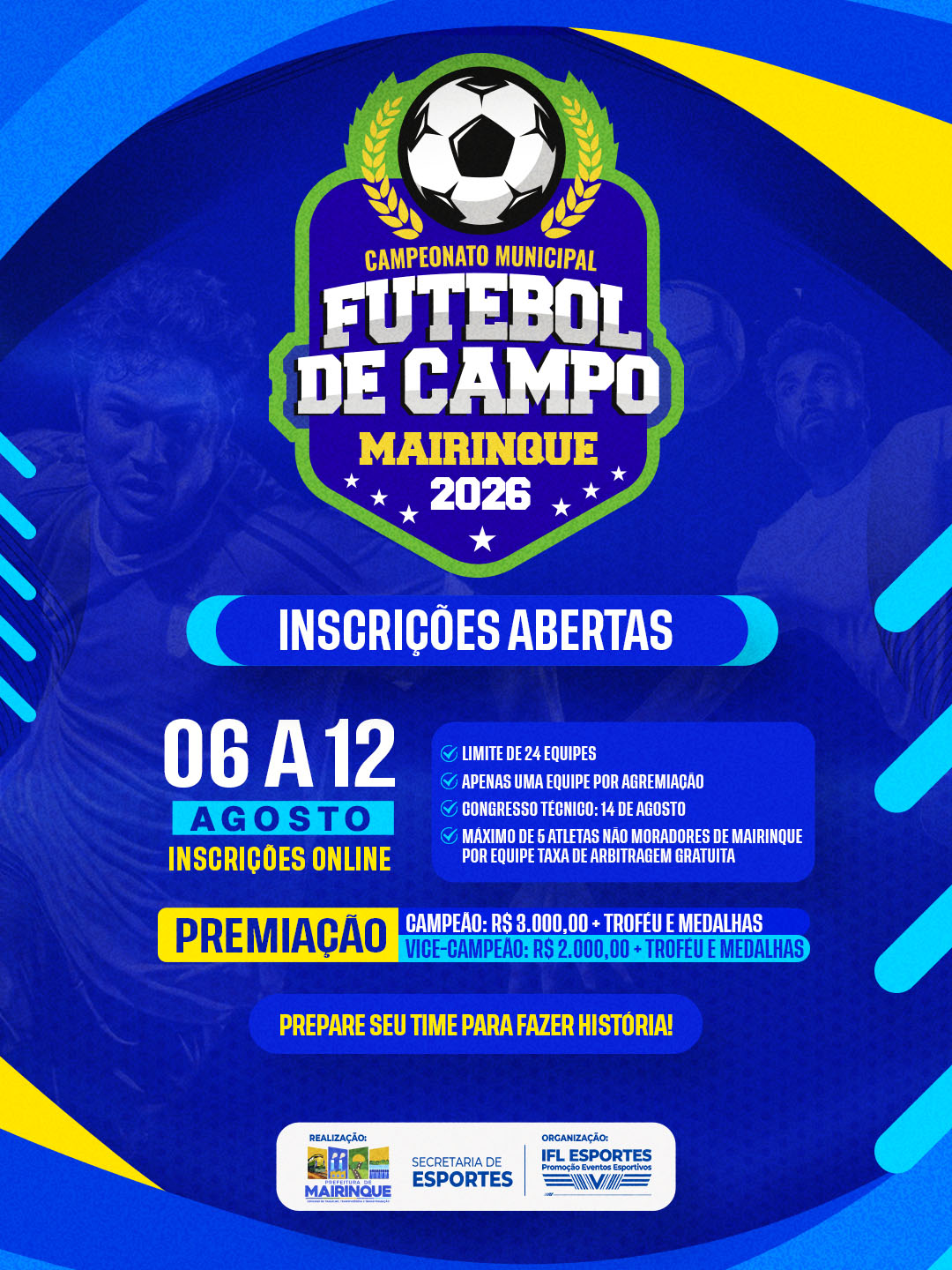 Campeonato Municipal de Futebol de Campo 2026 abre inscrições para equipes de Mairinque