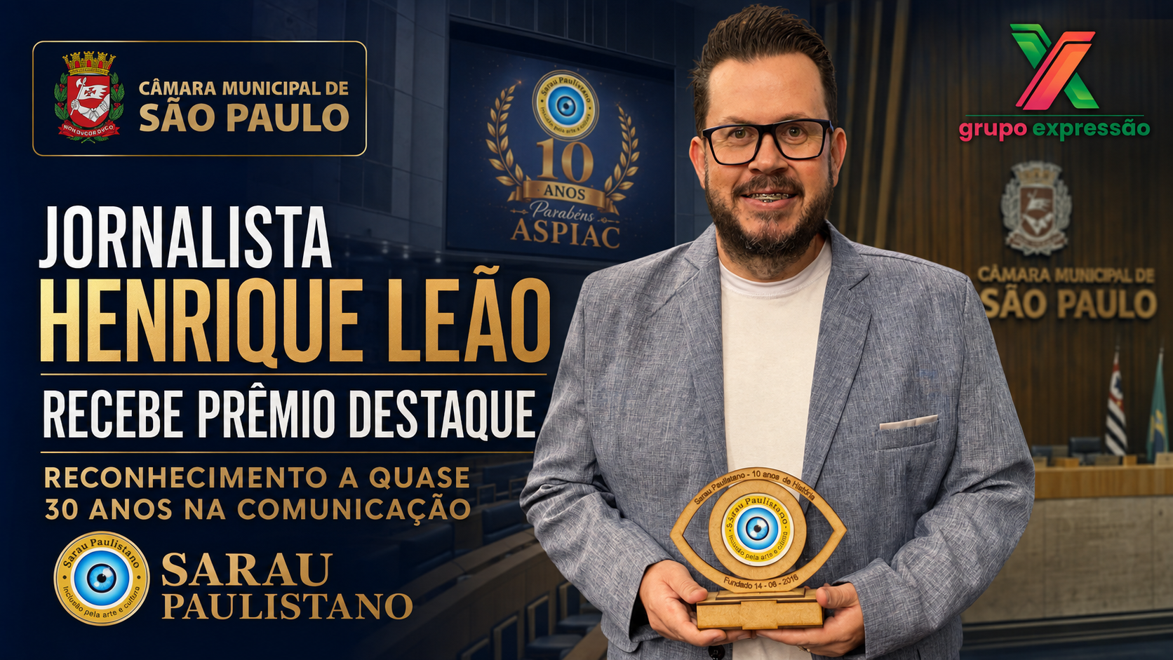 Prêmio recebido na Câmara Municipal de São Paulo reconhece trajetória do jornalista Henrique Leão