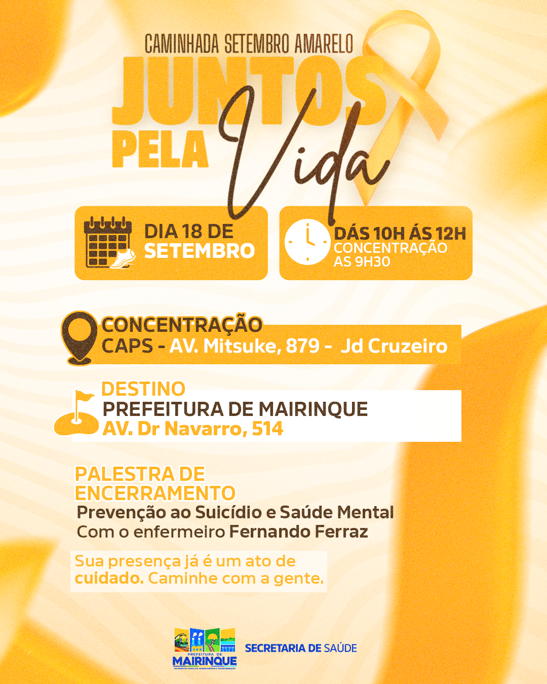 Caminhada Setembro Amarelo será realizada no dia 18 de setembro em Mairinque