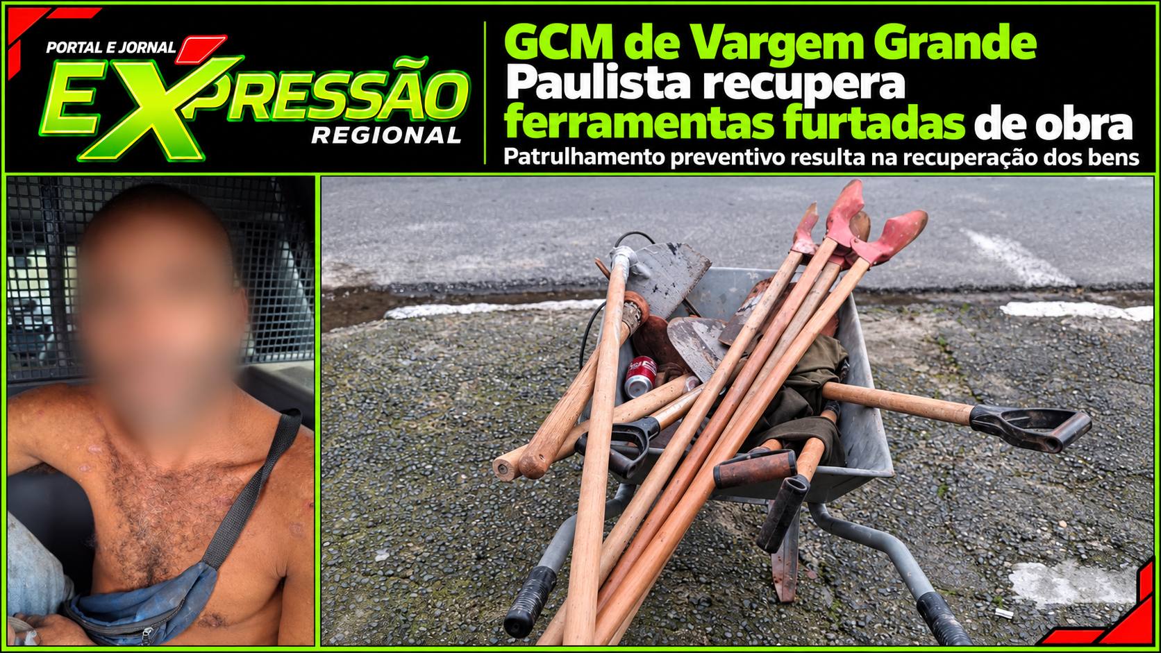 GCM de Vargem Grande Paulista recupera ferramentas furtadas de obra durante patrulhamento preventivo
