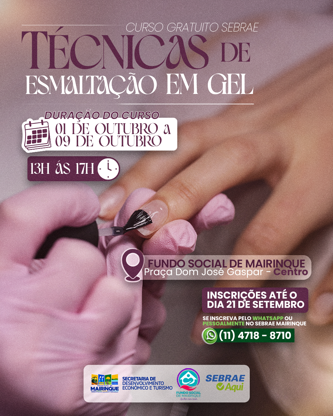 Curso gratuito de Técnicas de Esmaltação em Gel será realizado em Mairinque