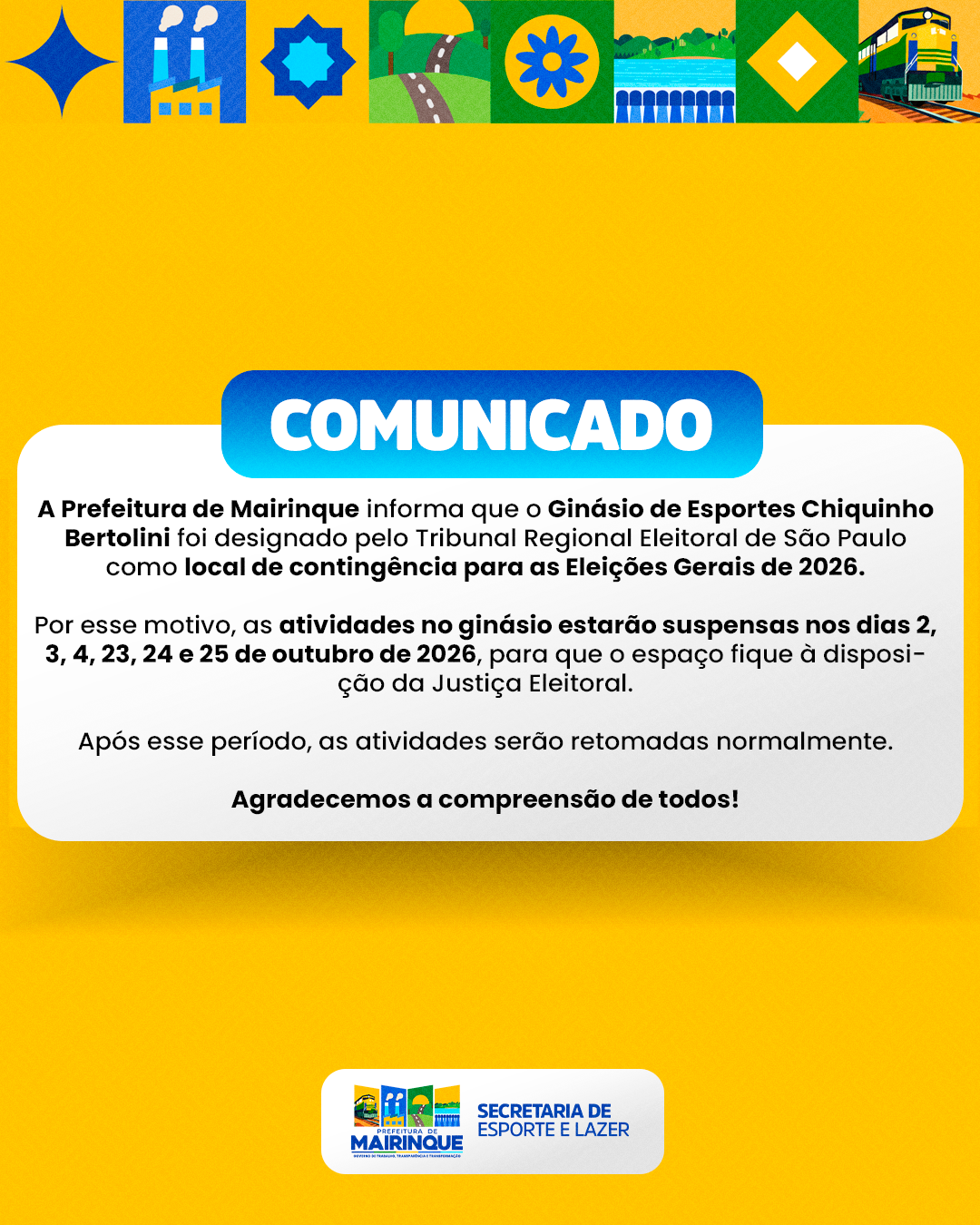 Ginásio de Esportes Chiquinho Bertolini terá atividades suspensas por conta das Eleições 2026