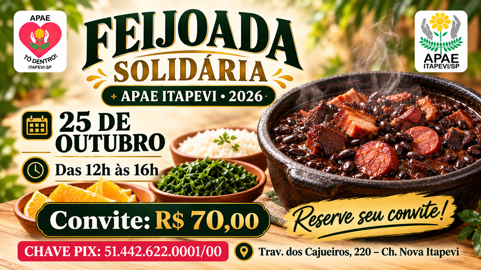 APAE de Itapevi promove Feijoada Solidária e convida a população a reservar seus convites
