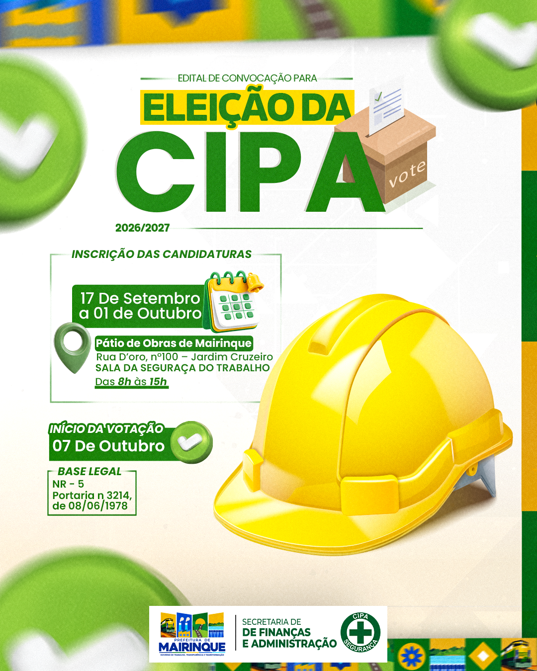 Prefeitura de Mairinque abre inscrições para eleição da CIPA 2026/2027
