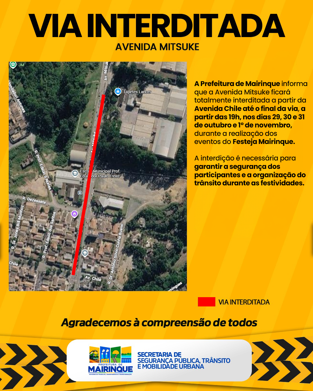 Avenida Mitsuke será interdita durante eventos do Festeja Mairinque