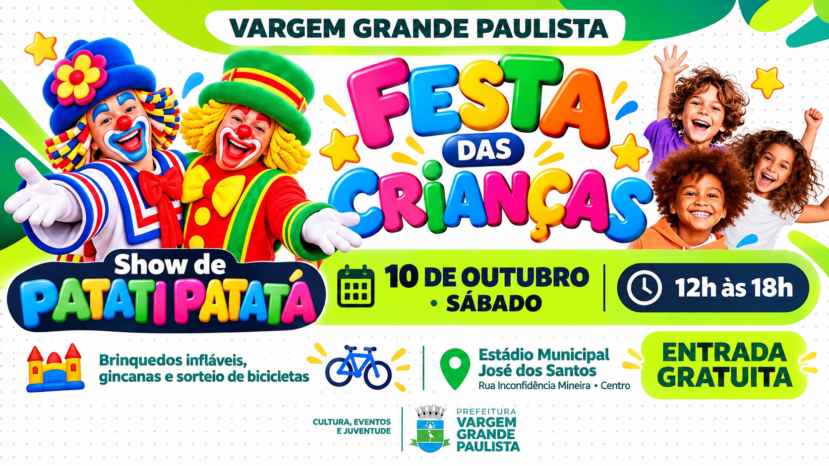 Vargem Grande Paulista terá festa gratuita com Patati Patatá em programação especial para as crianças