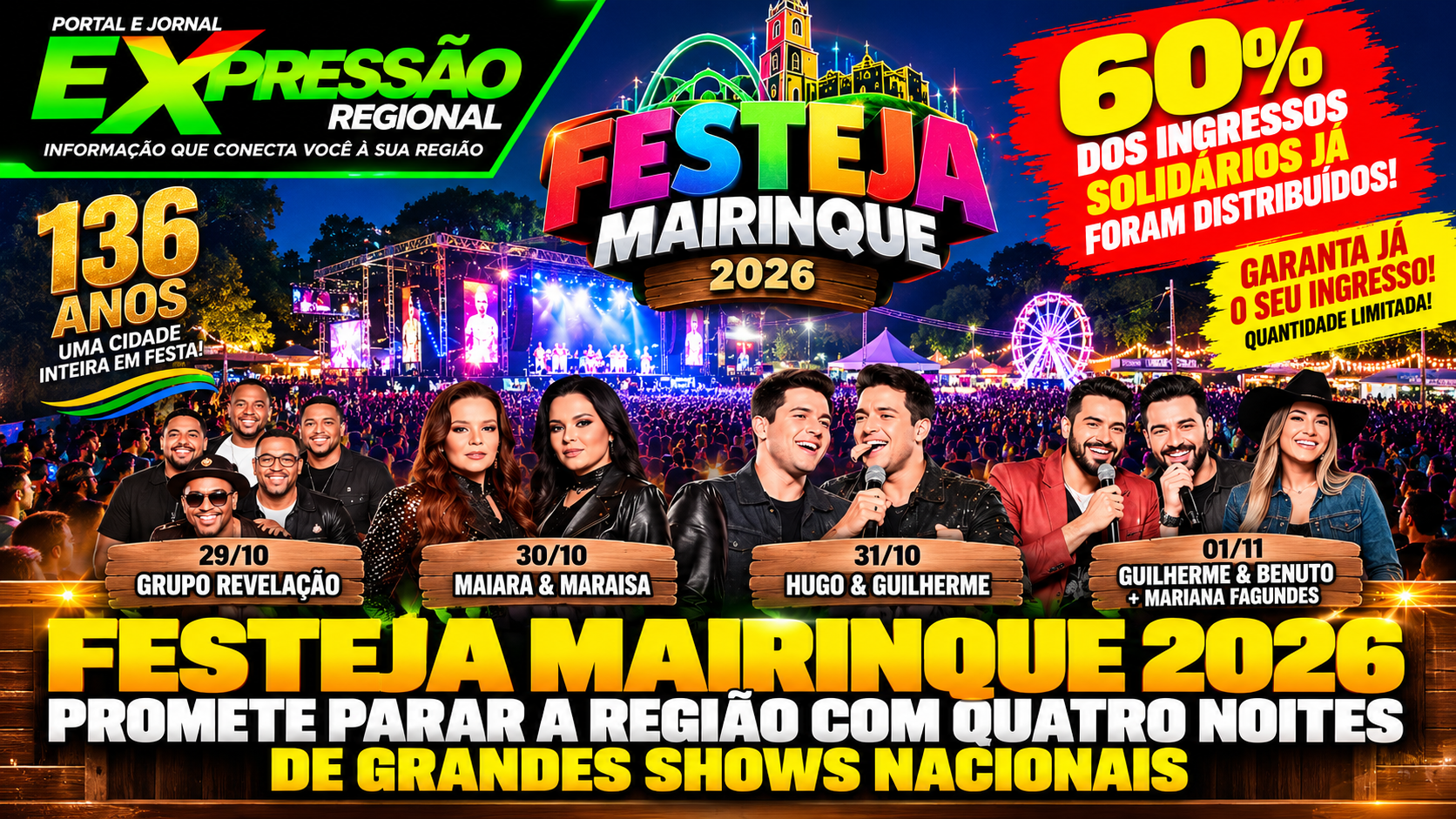 Festeja Mairinque 2026 promete parar a região com quatro noites de grandes shows nacionais; 60% dos ingressos já foram distribuídos
