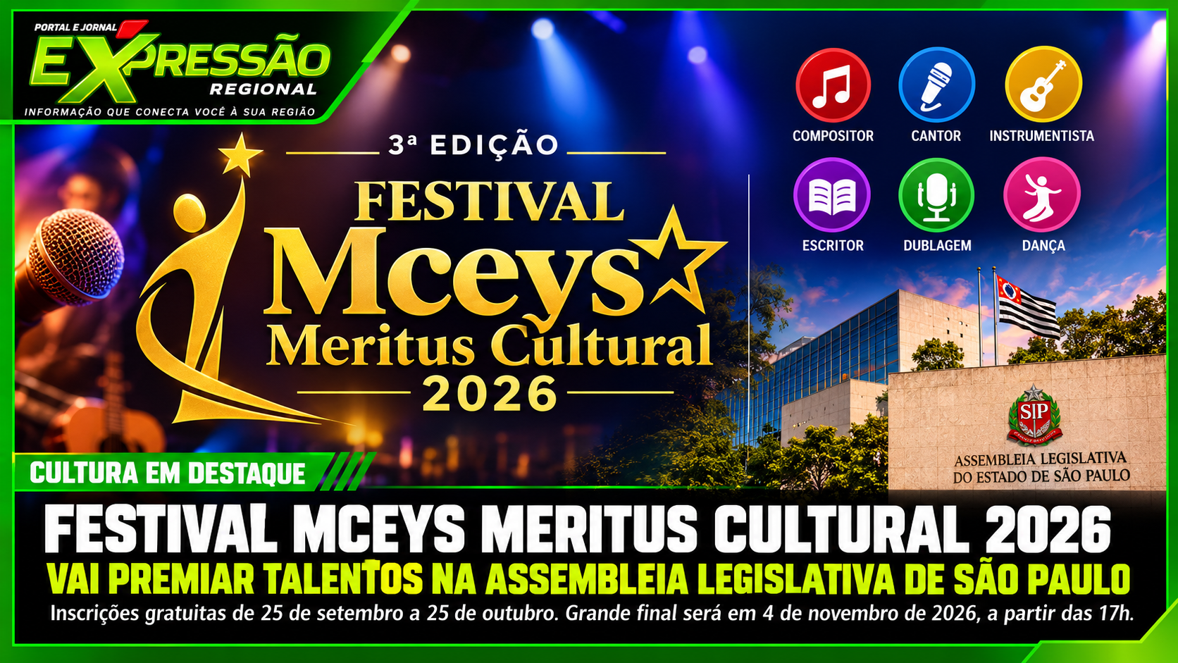 Festival Mceys Meritus Cultural 2026 abre inscrições e prepara grande final na Assembleia Legislativa de São Paulo