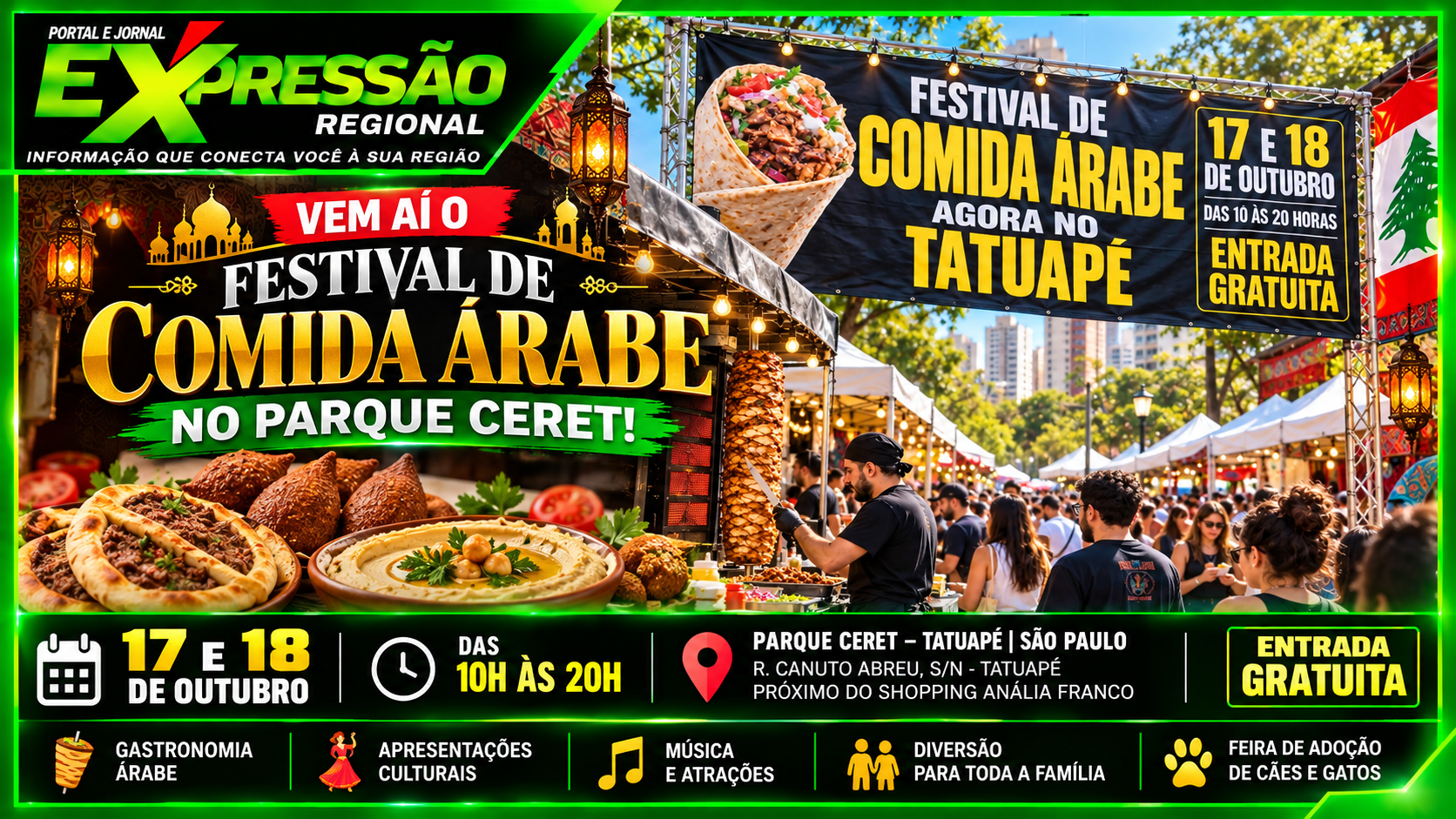 Festival de Comida Árabe promete movimentar o Parque CERET com gastronomia, cultura e atrações gratuitas neste fim de semana