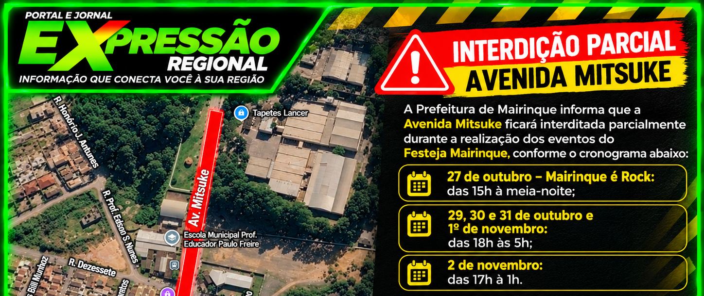 Prefeitura informa interdição parcial da Avenida Mitsuke durante o Festeja Mairinque