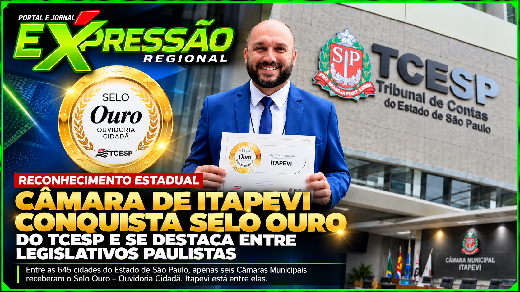 Câmara de Itapevi conquista Selo Ouro do TCESP e se destaca entre Legislativos paulistas