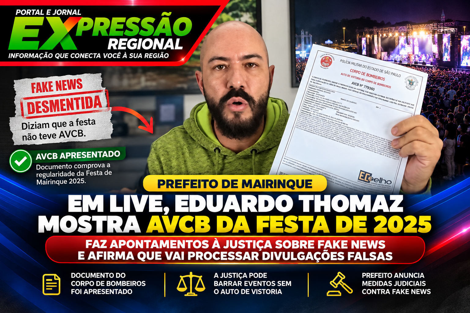 Prefeito de Mairinque apresenta AVCB do Festeja 2025, rebate acusações de fake news e anuncia medidas judiciais