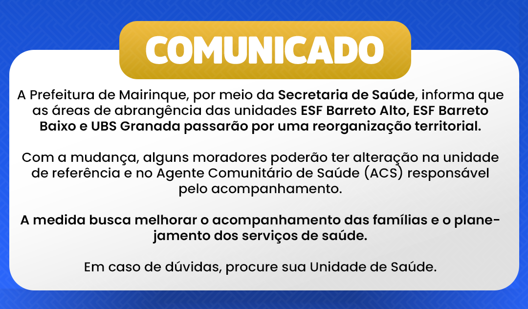 Prefeitura de Mairinque informa reorganização territorial de unidades de saúde