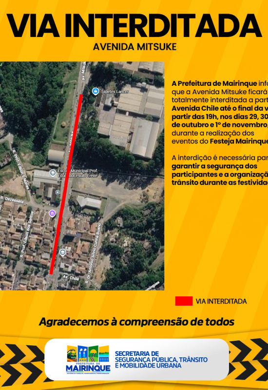 Avenida Mitsuke será interdita durante eventos do Festeja Mairinque