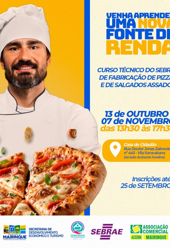 Prefeitura de Mairinque abre inscrições para curso gratuito de fabricação e venda de pizzas e salgados assados