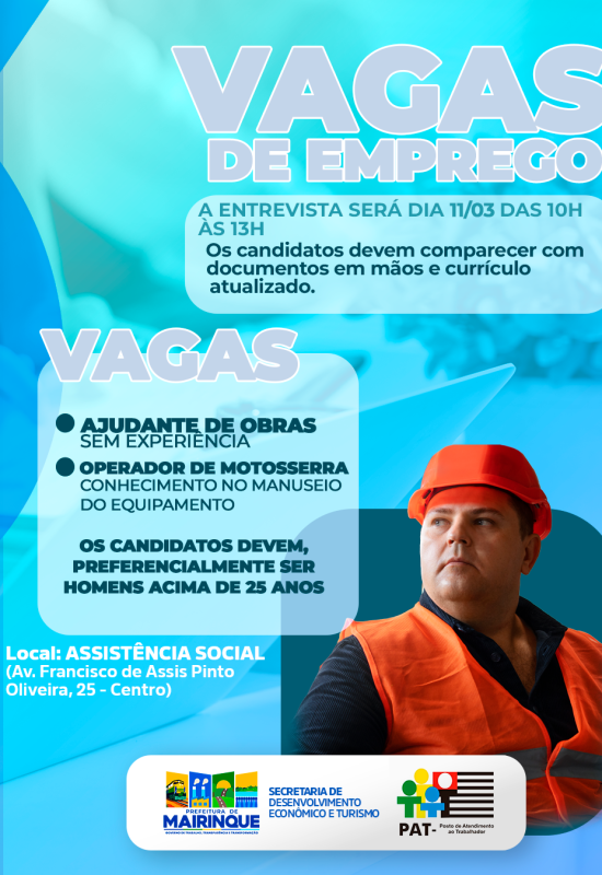 PAT de Mairinque divulga novas vagas de emprego com entrevistas na próxima semana