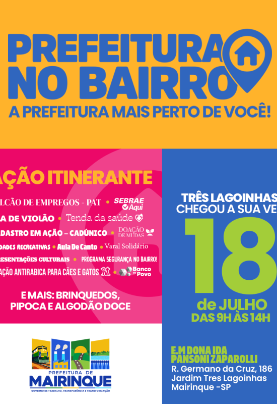 Prefeitura no Bairro chega a Três Lagoinhas neste sábado (18) com diversos serviços gratuitos